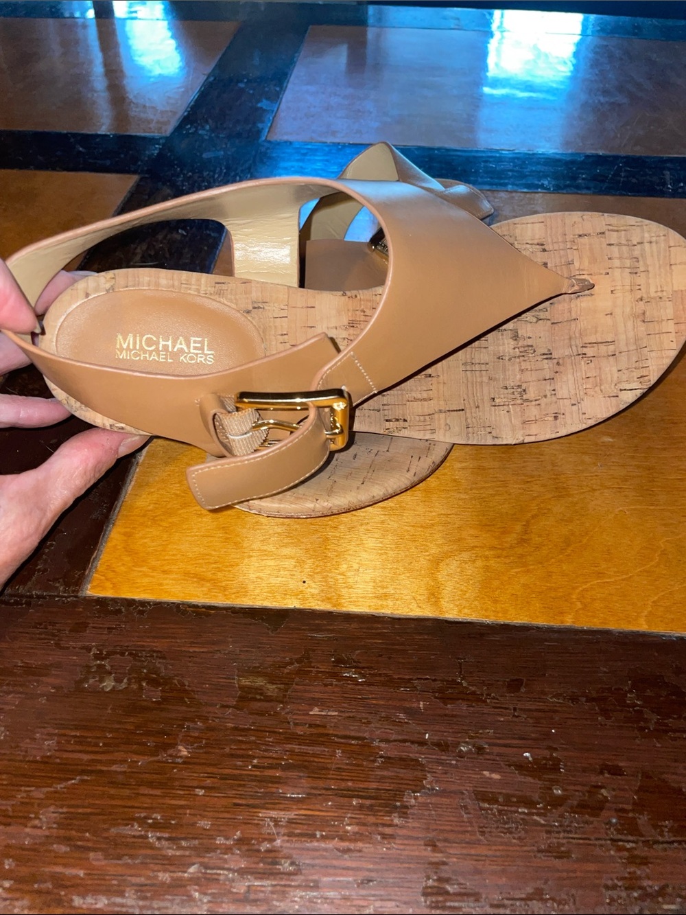 MICHAEL Michael Kors Cognac Tan Slingback Sandals with Gold Buckle